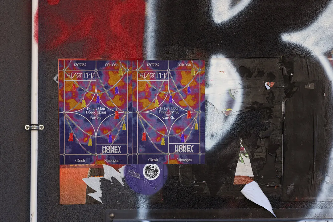 Two AZOTH posters on a graffiti covered door