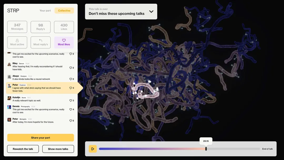 The interface with statistics, chat and timeline