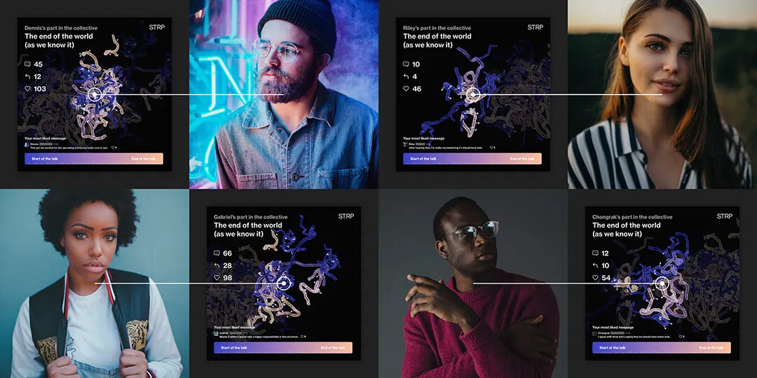 Social media posts combining portraits with the structure