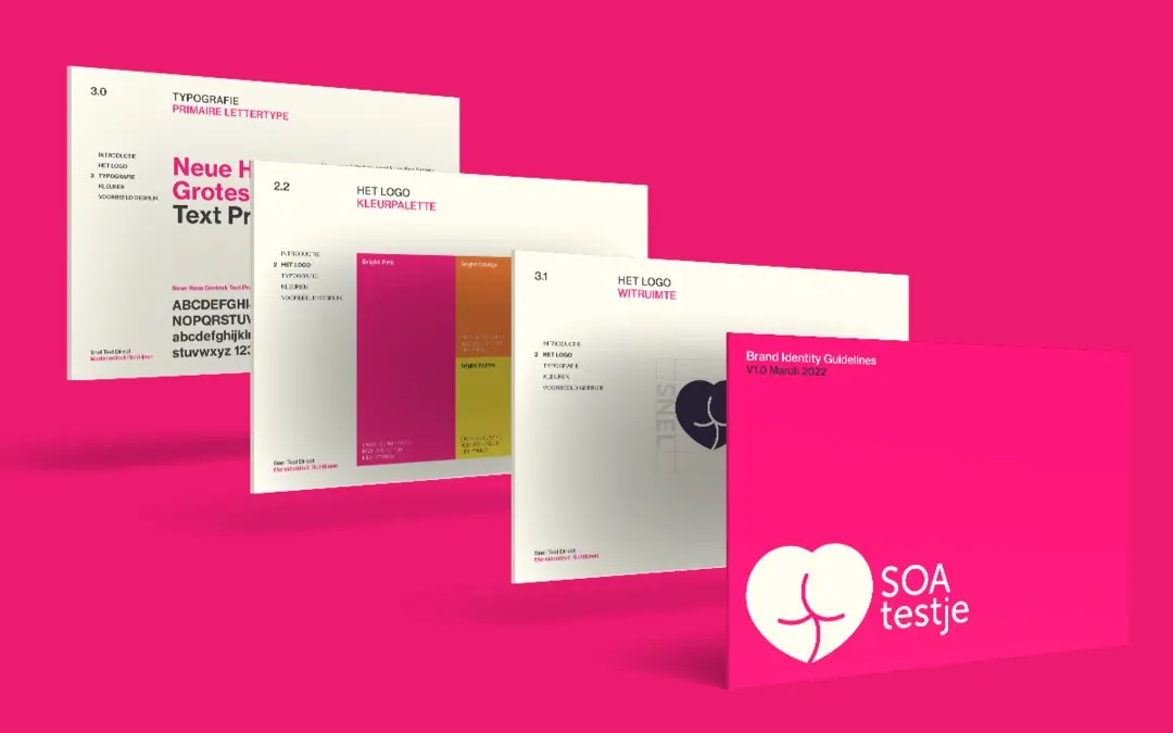Pages of the brand guidelines fanned out on pink