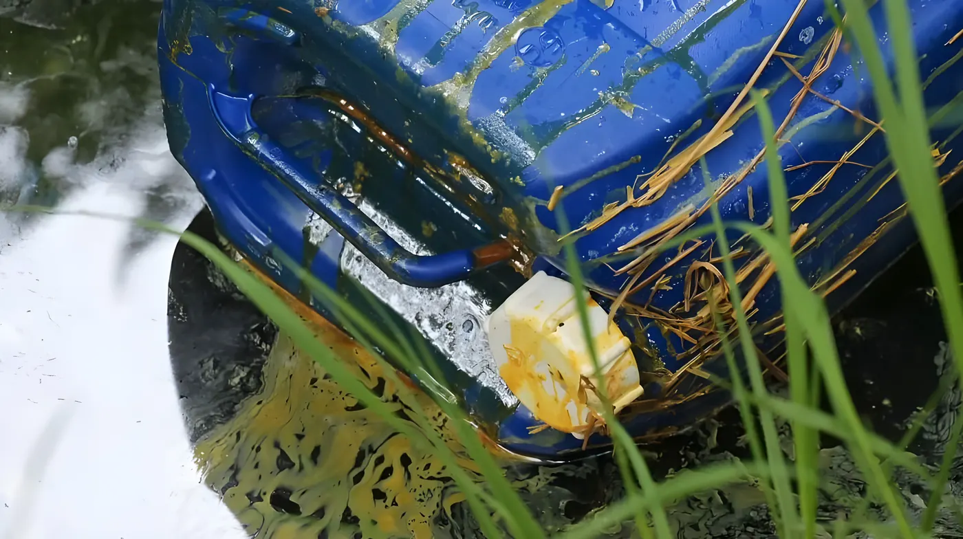 A dumped chemical jerrycan in the grass by the water