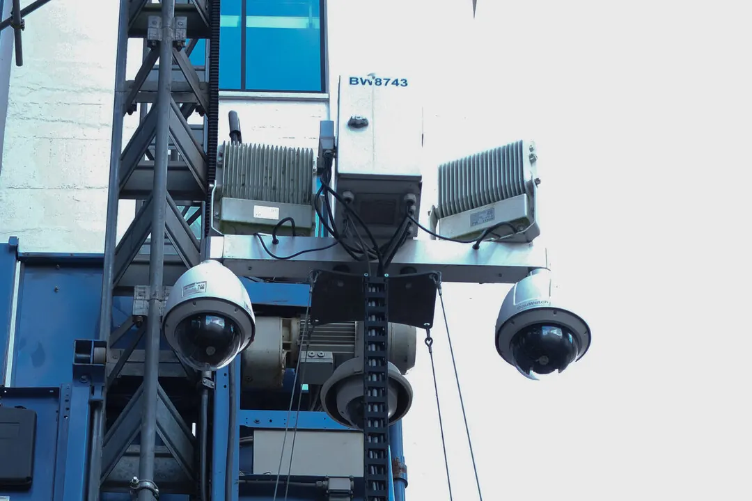 Surveillance cameras and transmitters on a steel mast